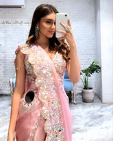 Trendy Pink Banglori Silk With Fancy Embroidery Thread Work Saree With Plazo And Dupatta